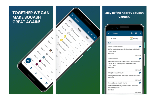 Squash Players app screens