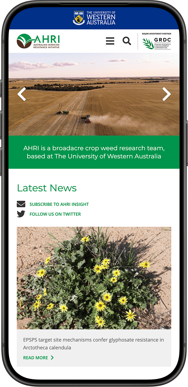 Australian Herbicide Resistance Initiative website on a mobile phone