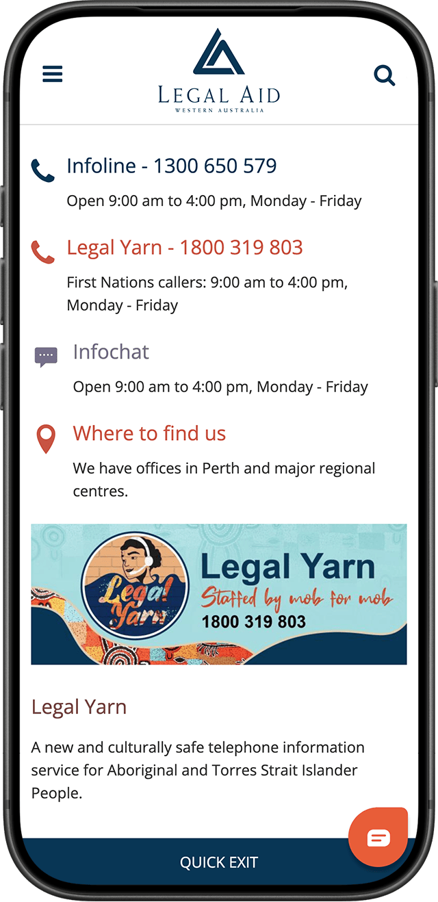 Legal Aid WA website on a mobile phone