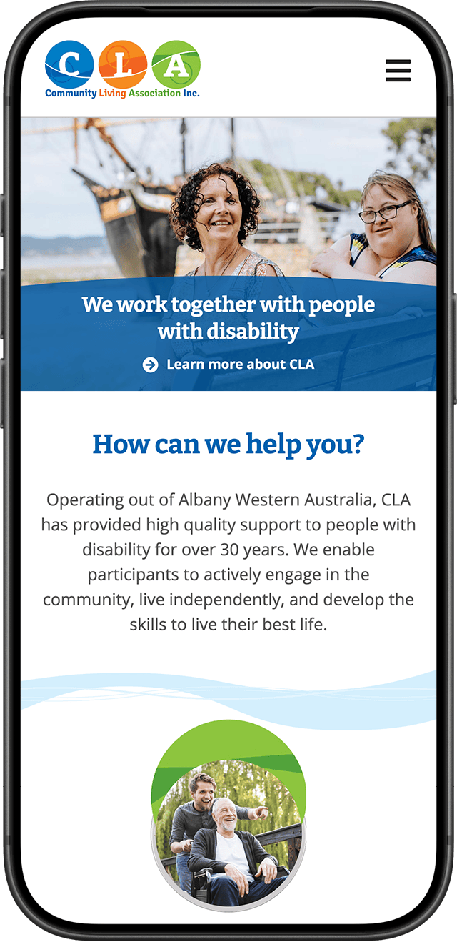Community Living Association website on a mobile phone