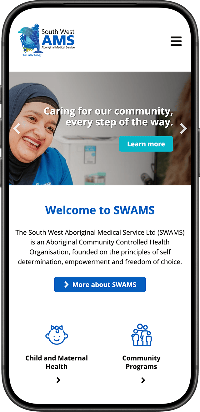 South West Aboriginal Medical Services website on a mobile phone