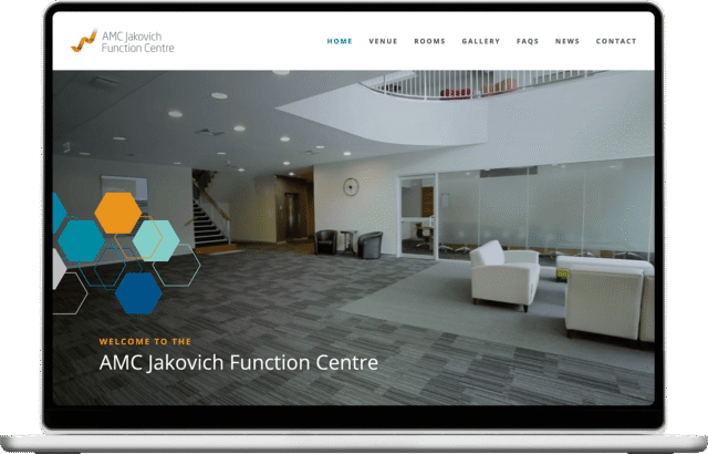 AMC Jakovich Function Centre website shown on a laptop