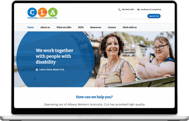 Community Living Association website shown on a laptop