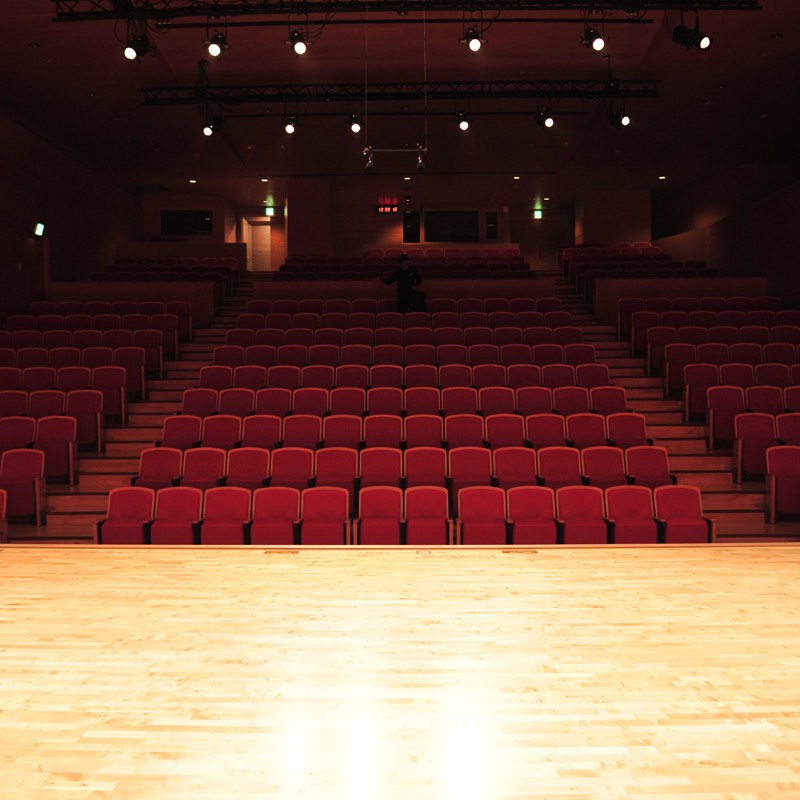 Empty auditorium with a lit stage and rows of seats
