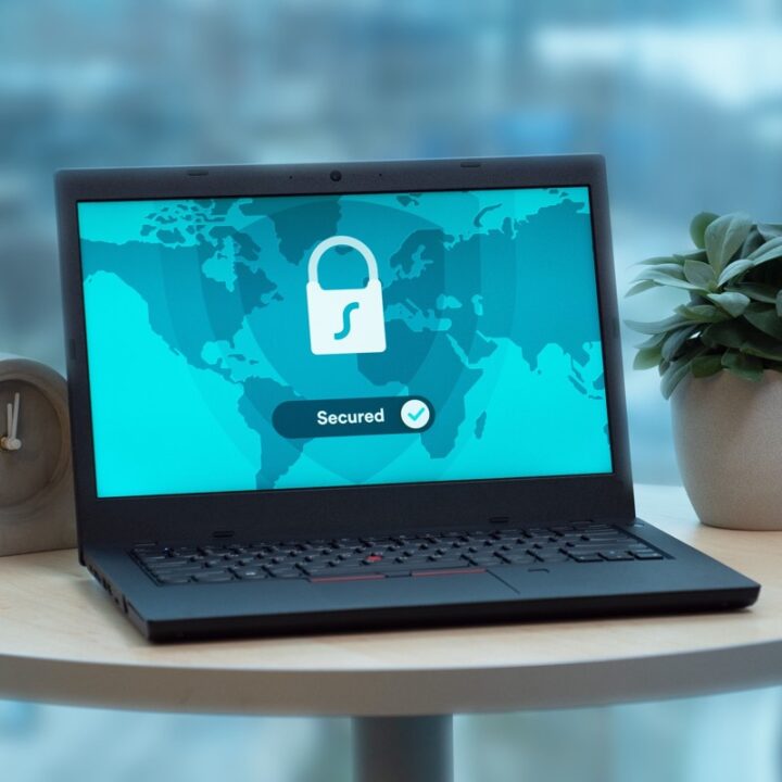 Laptop displaying a lock symbol beside a potted plant