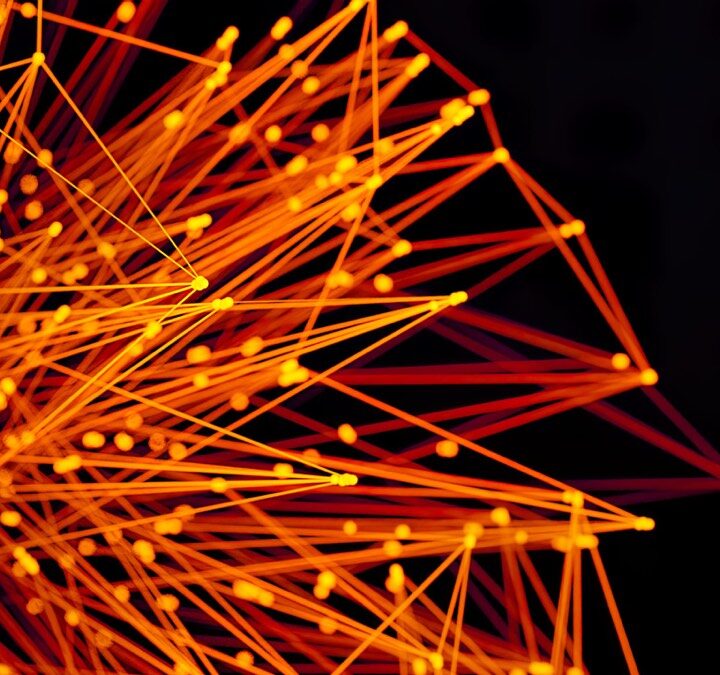 Orange lines and dots forming an abstract digital network