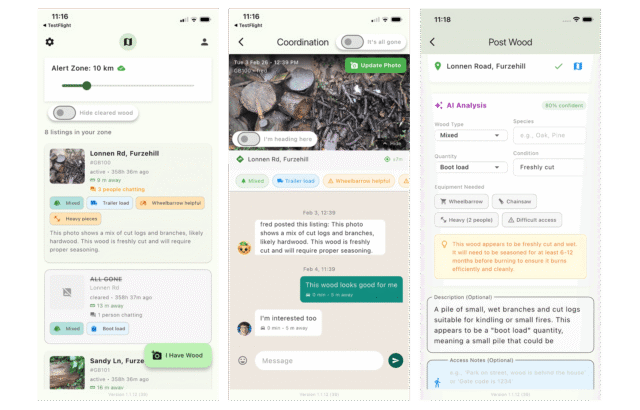 Firewood Friends app screens