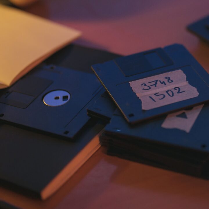 Close-up of vintage floppy disks